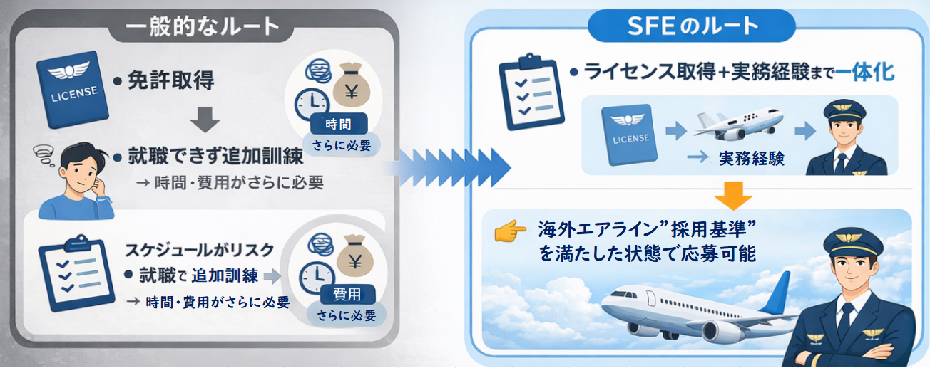 一般的なルートと違い、SFEではライセンス取得と実務経験までを一体化し、採用基準を満たした状態での就職支援までを対応いたします。