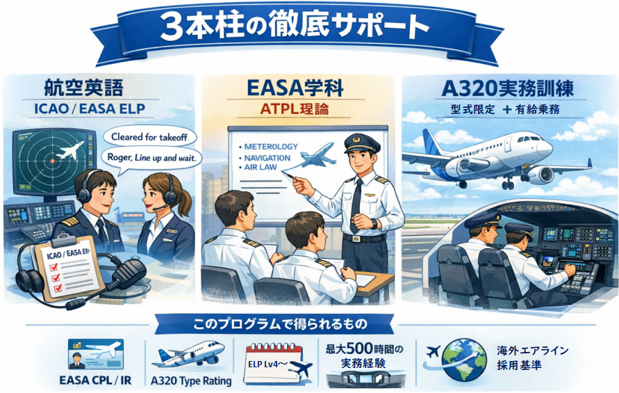 SFEは「航空英語」「EASA学科」「A320実務訓練」の3つの柱で徹底サポートいたします。