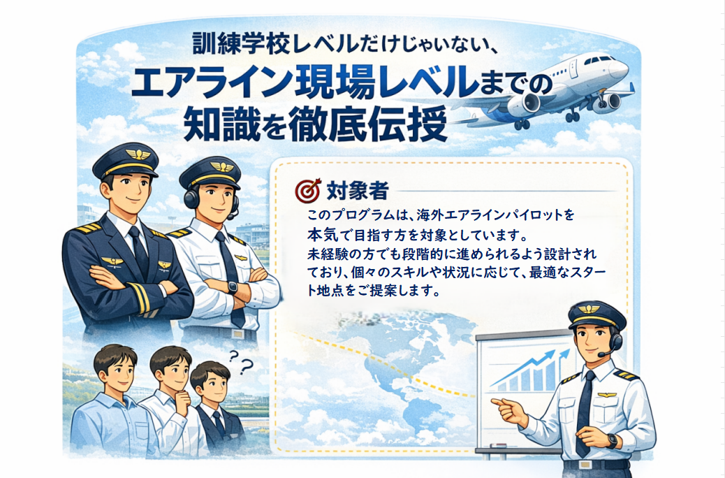 訓練だけでなく、エアラインの現場レベルの知識まで徹底伝授。本プログラムの対象者は未経験だとしても本気で海外エアラインパイロットを目指している方を対象としています。