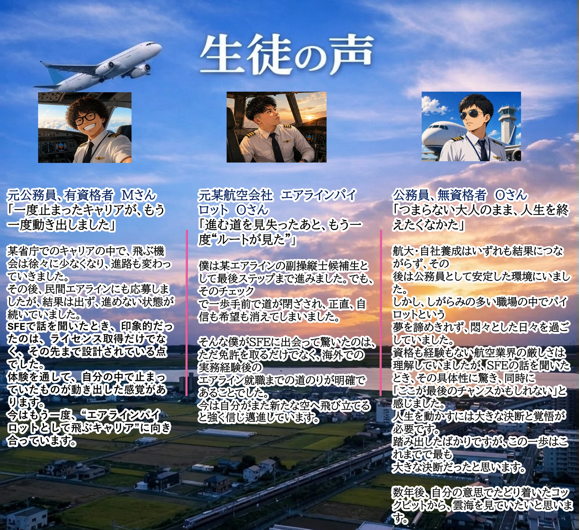元公務員、有資格者　Mさん	 「一度止まったキャリアが、もう一度動き出しました」		 某省庁でのキャリアの中で、飛ぶ機会は徐々に少なくなり、進路も変わっていきました。		 その後、民間エアラインにも応募しましたが、結果は出ず、進めない状態が続いていました。	 SFEで話を聞いたとき、印象的だったのは、ライセンス取得だけでなく、その先まで設計されている点でした。 体験を通して、自分の中で止まっていたものが動き出した感覚があります。		 今はもう一度、“エアラインパイロットとして飛ぶキャリア”に向き合っています。									 									  元某航空会社　エアラインパイロット　Oさん 「進む道を見失ったあと、もう一度“ルートが見た”」		 僕は某エアラインの副操縦士候補生として最後ステップまで進みました。でも、そのチェック	 で一歩手前で道が閉ざされ、正直、自信も希望も消えてしまいました。	 そんな僕がSFEに出会って驚いたのは、ただ免許を取るだけでなく、海外での実務経験後の	 エアライン就職までの道のりが明確であることでした。	 今は自分がまた新たな空へ飛び立てると強く信じ邁進しています。	 								 									  公務員、無資格者　Oさん 「つまらない大人のまま、人生を終えたくなかた」  航大・自社養成はいずれも結果につながらず、その 後は公務員として安定した環境にいました。 しかし、しがらみの多い職場の中でパイロットという 夢を諦めきれず、悶々とした日々を過ごしていました。 資格も経験もない航空業界の厳しさは理解していましたが、SFEの話を聞いたとき、その具体性に驚き、同時に 「ここが最後のチャンスかもしれない」と感じました。 人生を動かすには大きな決断と覚悟が必要です。 踏み出したばかりですが、この一歩はこれまでで最も 大きな決断だったと思います。  数年後、自分の意思でたどり着いたコックピットから、雲海を見ていたいと思います。